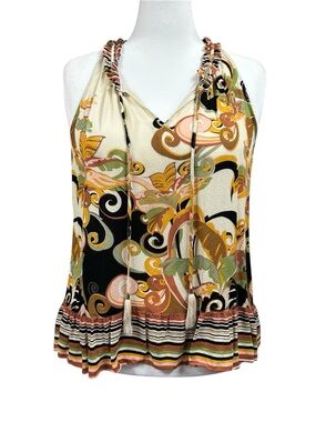 Rose + Olive Boho Print Tassel Sleeveless Tie Ruffle Bouse Sz XL